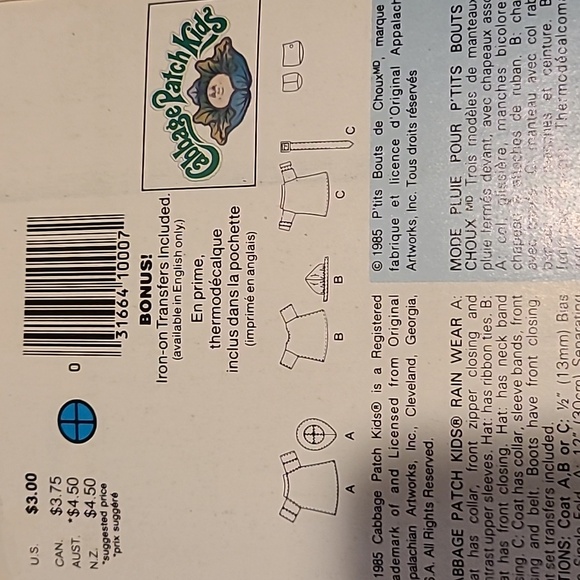 Cabbage Patch Kids Butterick Sewing Pattern 3152 Rain Wear Uncut - Picture 7 of 8